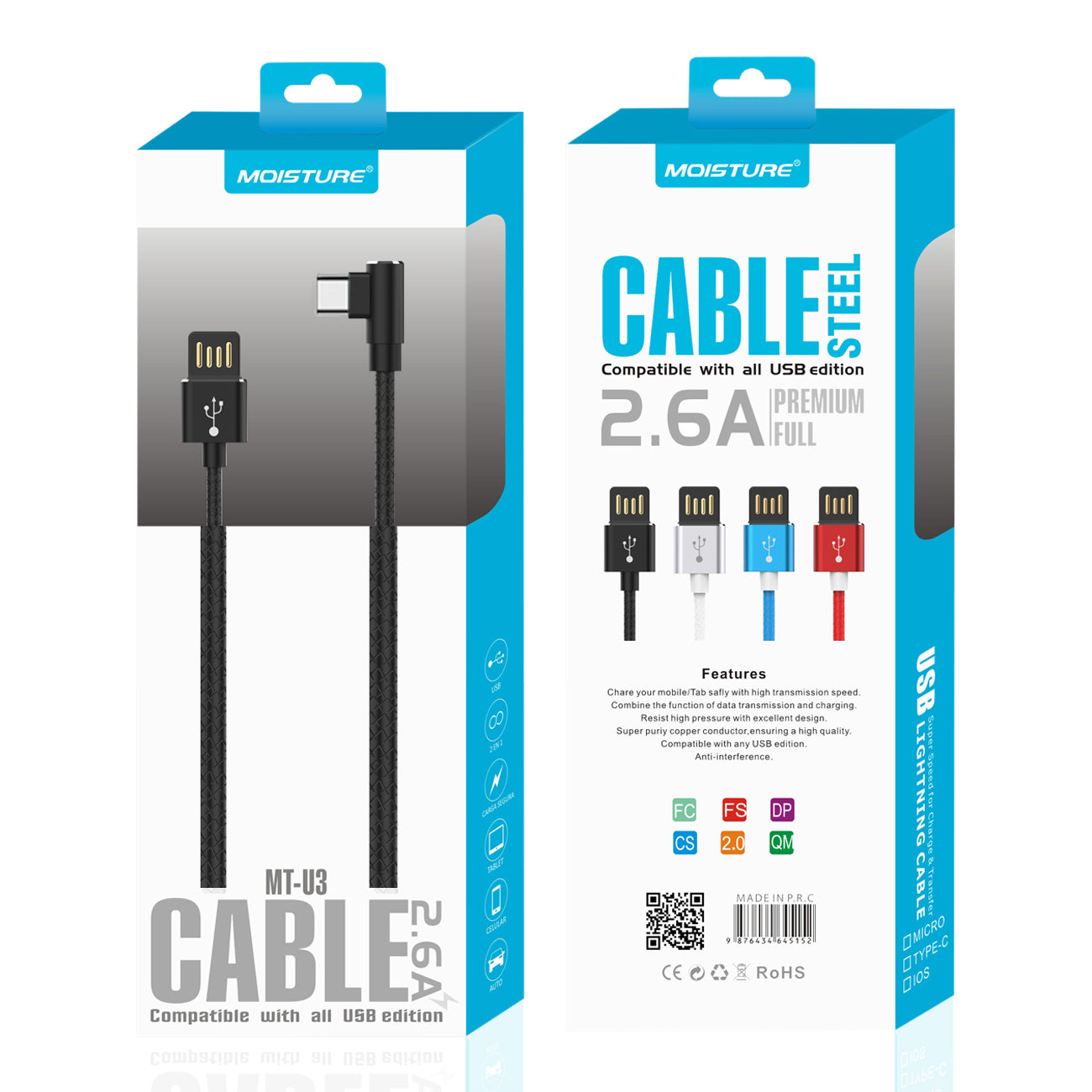 Moisture 2.6A Premium Full Steel USB TO Type C Cable In Black